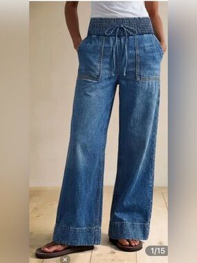 Flamingals Wash Patch Pocket Tie Waist Shirred Waist High Rise Wide Leg Jeans